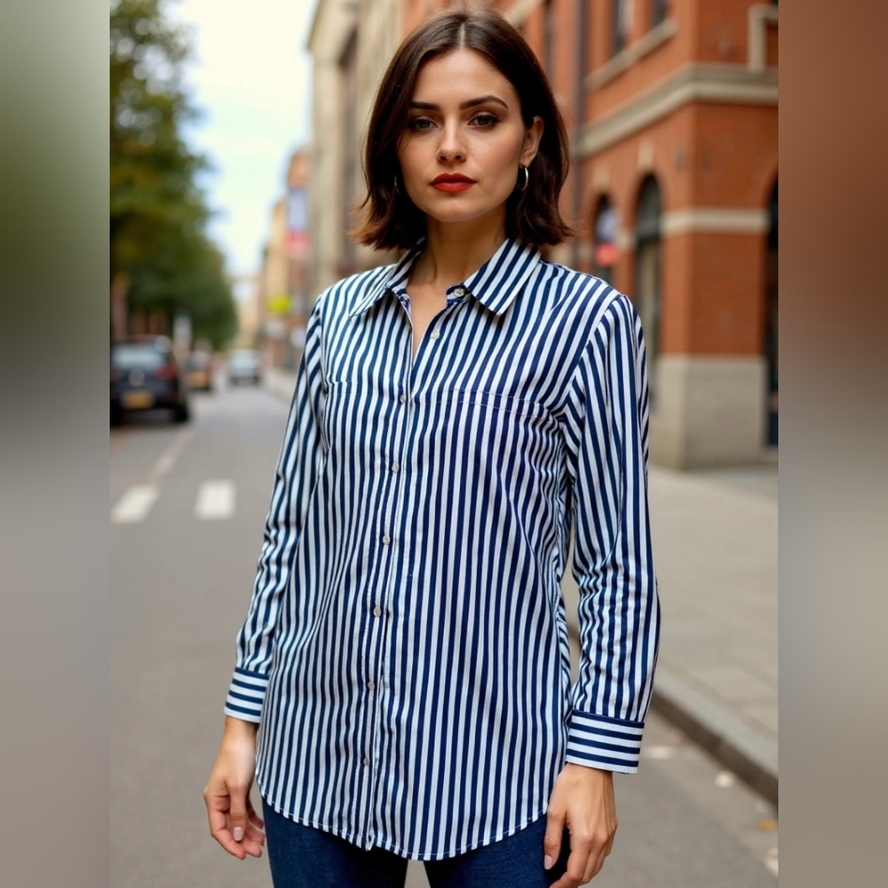 Ralph Lauren/Navy & White Striped Long-sleeve/Button-up/Small/NWT/Gift Ready - Picture 2 of 5